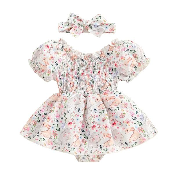 Pudcoco Baby Girls 2Pcs Spring Outfits Short Sleeve Bunny Floral Print Smocked Romper Headband Set born Clothes 250527