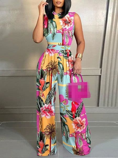 Leisure Vacation Jumpsuit Pants Women Casual Straight Leg Pants Fashionable Printed Sleeveless Stand Up Collar Slim Fit Jumpsuit 250522BJ