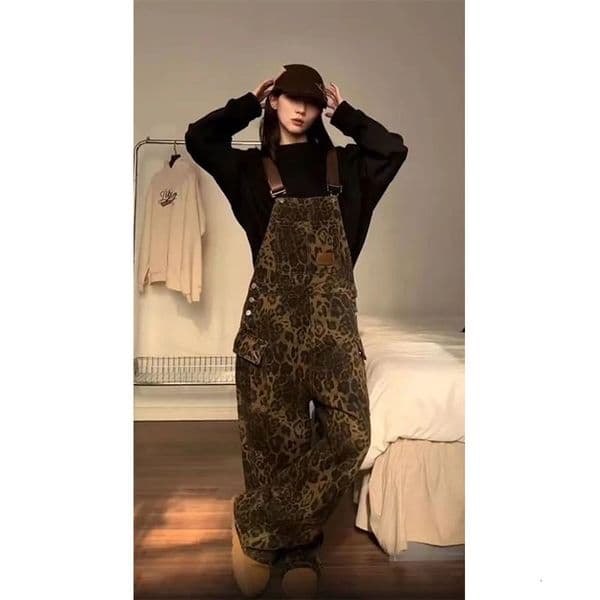 MEXZT Vintage Denim Jumpsuits Women Streetwear Leopard Wide Leg Jeans Overalls Y2K Korean Baggy Suspender Pants Casual Trousers 250523