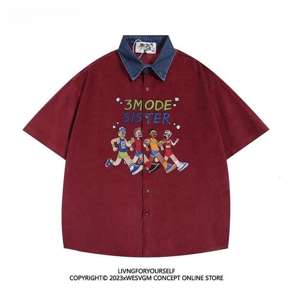 Summer American Retro Athlete Embroidered Spliced denim Neck Short-sleeved Shirt Men Women Loose Trendy Tops Aesthetic Chic 250527