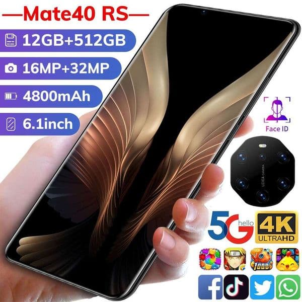 Mate40RS smart phone, dual SIM 5G Android phone, 12+512GB 7.3HD+display, 13MP+50MP camera, fingerprint and facial recognition, comes with headphones+phone case