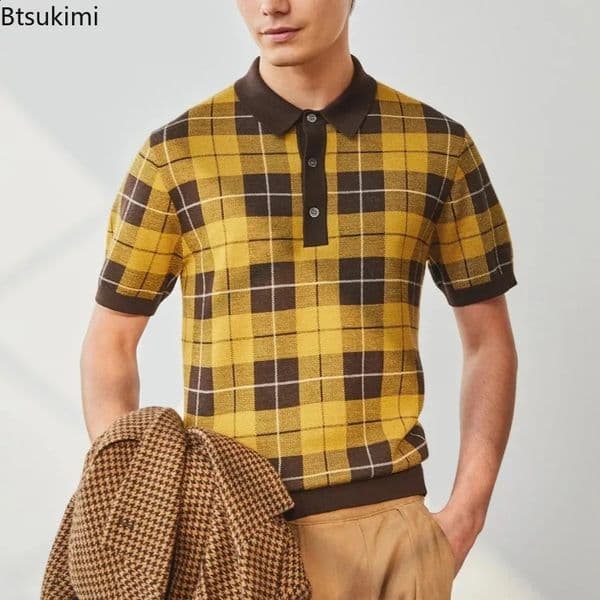 Mens Classic Plaid Knitted Jacquard Polo Shirt Summer Men Business Casual Lapel Tops Fashion Vintage Knit T-shirt Male 250528