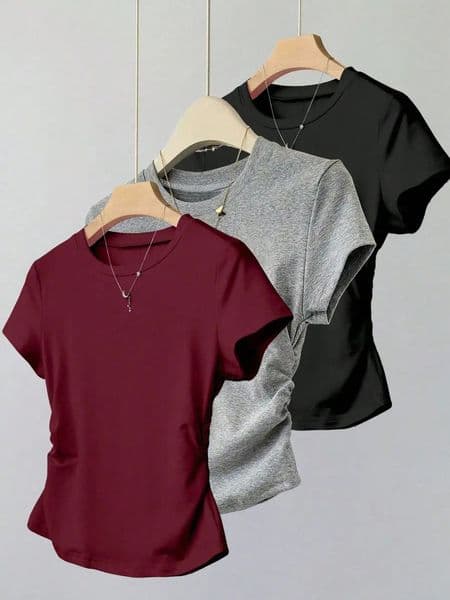 Spring/Summer Autumn Solid Color Casual Comfortable Womens Short Sleeve T-shirt Three Piece Set 250526BJ