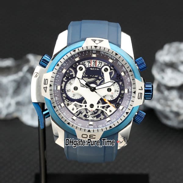 New Chronofighter Quartz Chronograph Mens Watch White Skeleton Dial Blue Inner 46mm Steel Case Blue Rubber Strap Sport Watches Pure_Time Z02B