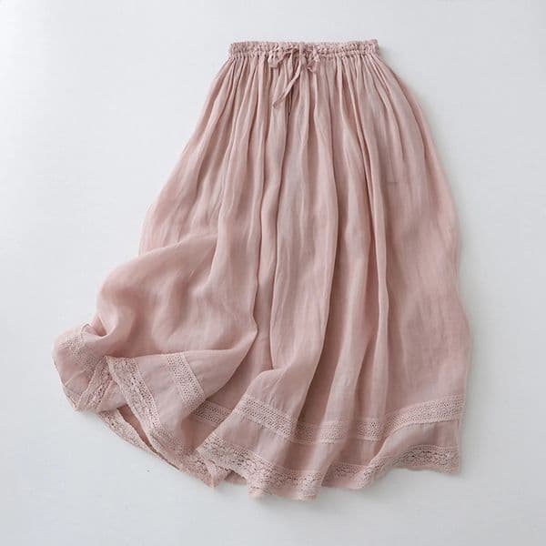 Summer Elegant Gentle Pink Cotton Linen Skirt Leisure Style Loose Lace Patckwork Hem Aline Midlength Beach Skrits 250529Z