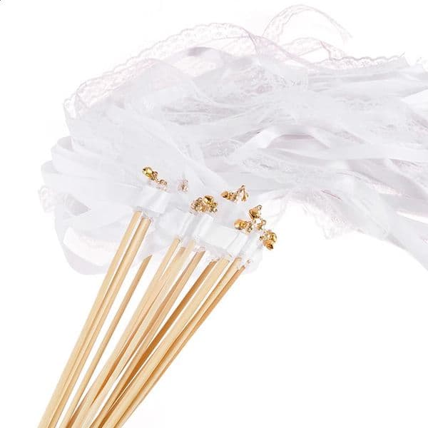 White Ribbon Wands Fairy Sticks with Gold Bells Wedding Favors Lace Streamer Guest Gift heering Props Birthday Party Decoration 250526