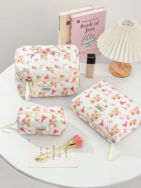 Cute Small Bear Pattern Makeup Bag Set Quilted Cosmetic Aesthetic Travel Toiletry Bags 250528