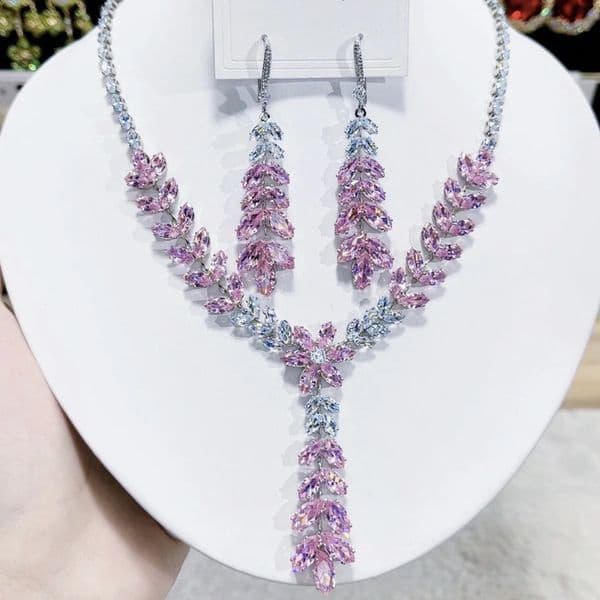 3pcs Floral Zircon Gift Set Adjustable Leaf Drop Necklace Stud Earrings Anniversary Christmas Jewelry in Gift Set 250526