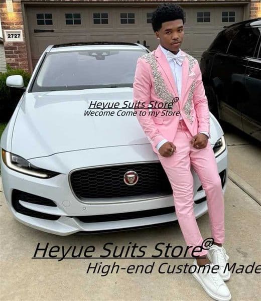 Fashion Pink Rhinestone Groom Wedding Tuxedos Slim Fit Notched Lapel Men Suits 2 Pieces Sets Handsome Male Blazers Mens Clothing Z250529