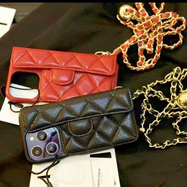 Designer Phone Case for iPhone 16 Pro Max Case Card Holders Apple iPhone 15 pro max 14 13 12 14promax 15pro 15 Plus 16 Plus Case Leather Quilted Mobile Cover Chain Lanyard