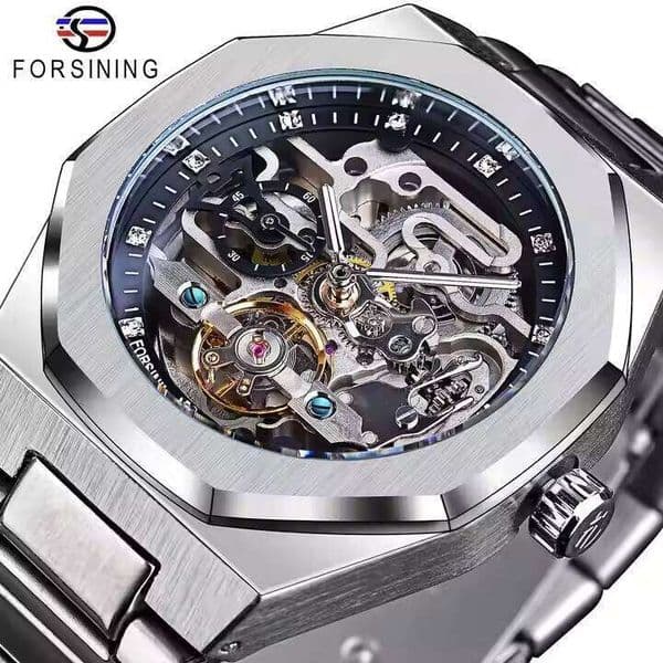 FORSINING Men's Automatic Mechanical Watch with Luminous Dial, Triple Sub-dials, and Stainless Steel Band