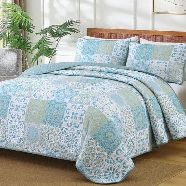 Patchwork Quilt Set King Size Aqua Blue Boho Summer Bedspreads Coverlet 3 Pieces Soft Lightweight Microfiber Bedding 250529