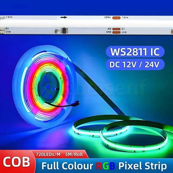 SPI RGB IC LED Light Strip WS2811 Addressable 720 LEDs Dream Color DC 12V 24V High Density Flexible FCOB COB Light Tape RA90 W250530