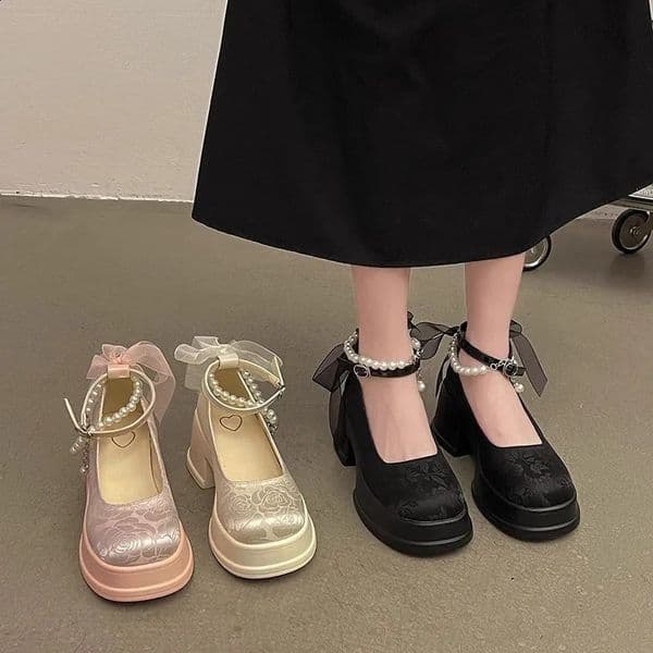 Woman Pumps Summer Pink Kawaii Cute Pearl Lolita High Heels Round Toe Platform Mary Jane Shoes for Women 250523