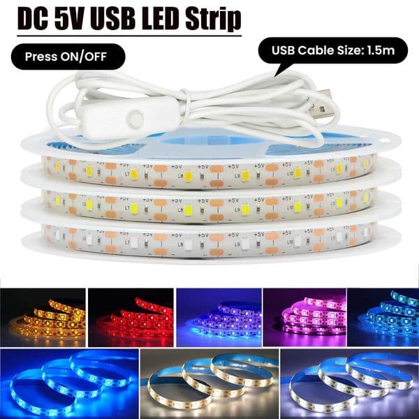 DC 5V USB LED Strip Pink/Yellow/White/Warm White/Red/Blue/Green Flexible Ribbon Tape Backlight 50CM 1M 2M 4M 5M W250530