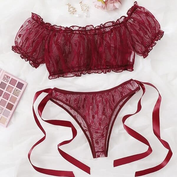 women's lingerie Large cupped bras Plus Size Off-Shoulder Strapless Sexy Lingerie Lace Pure Desire Bra and Panty Two-Piece Transparent Set 08