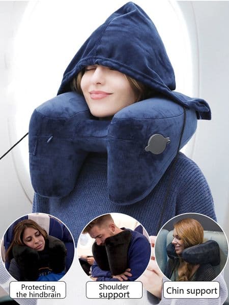 1PC Neck Pillow Travel Inflatable Ushaped H Hooded Aviation with a Blackout Windproof Cap Portable 250529