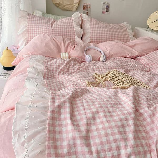 Korean Princess Style Lattice Double Layer Lace Bedding Set Soft Quilt Cover Plaid Duvet Covers Bed Sheet Pillowcases 250529