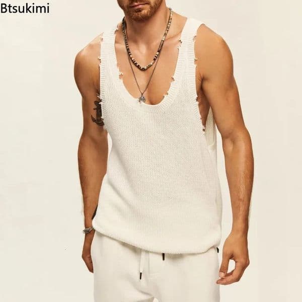 2025 Mens Summer Casual Ripped Knitted Vest Tank Tops Solid Mens Summer Clothes Sleeveless O Neck Camisole Men Loose Tank Tops 250530
