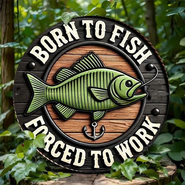 8 x 8 Inch Round Metal Ornament with Big-mouthed Bass and Anchor Retro Fishing Wall Sign Fishing Enthusiast Trapped by ity 250529BJ