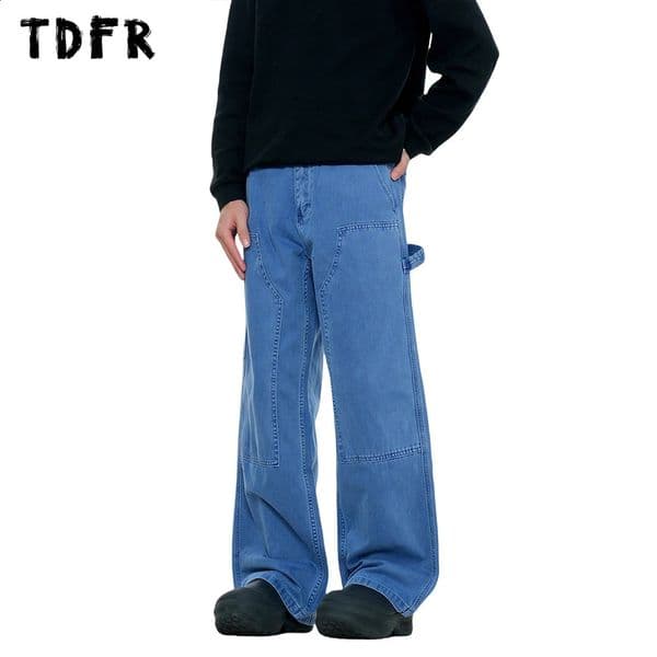 Retro Carpenter Denim Pants for Men Solid Color Washed Distressed Streetwear Loose Wide Leg Flare Jeans 250529