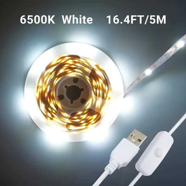 White LED Strip 5V LED Lights Strip 6500K Bright Daylight White Strong Adhesive Flexible Tape Light for Mirror Kitchen Cabinet W250530