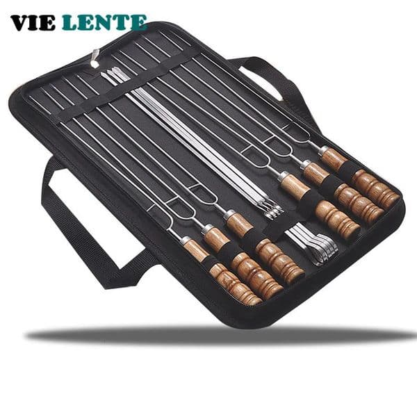 10pcs Ooden Handle Stainless Steel Barbecue Set Barbecue Skewers Double Fork Barbecue Tool Outdoor BBQ Accesorios Barbacoa 250521