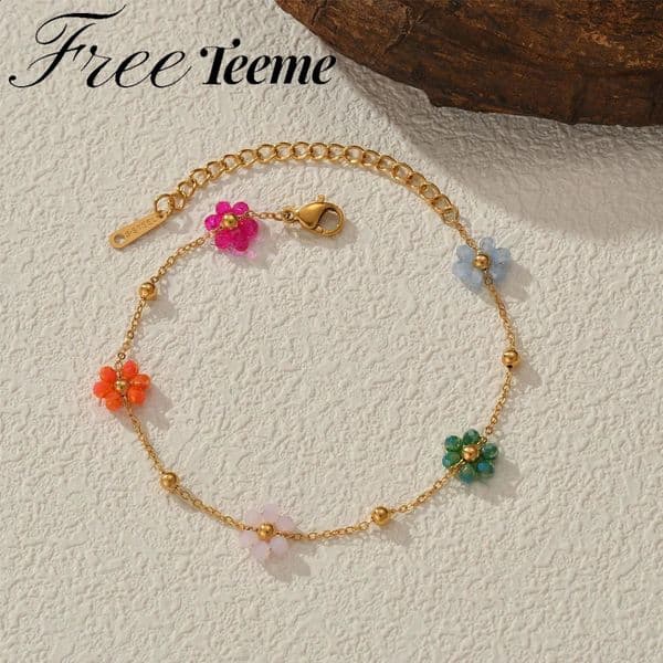 Freeteeme Fashion Colorful Flower Bracelet for Women Girls Stainless Steel Jewelry Gold Color Beads Chain Valentines Day Gift 250528