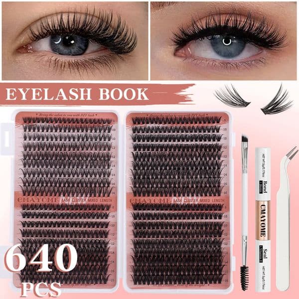 DIY Lash Clusters Kit 640Pcs Individual Eyelashes Thick Fluffy Handmade Reusable DIY Segmented Eyelash Extensions for Women Grafted Lashes