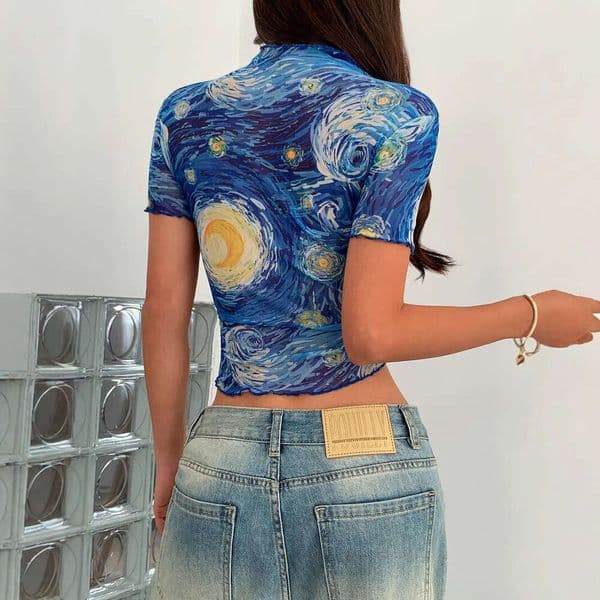 European and American 2025 Summer Design Sense Blue Printed Short Sleeve Half High Neck Starry Sky Mesh Top Women's New Style Unique Elegant Clothing