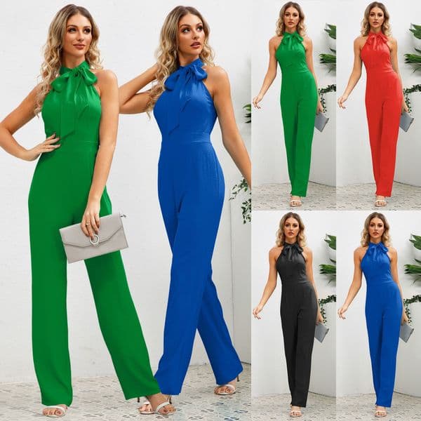 women's wear 2025 Summer Sexy Slim Fit Elegant Jumpsuit Sleeveless Stand Collar Bowknot Straight Long Pants