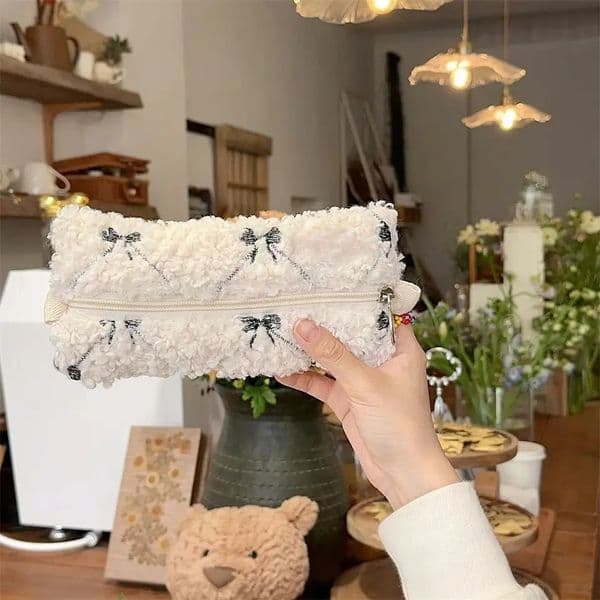 Bow high-end makeup bag with lamb wool and large capacity pencil case 250530BJ