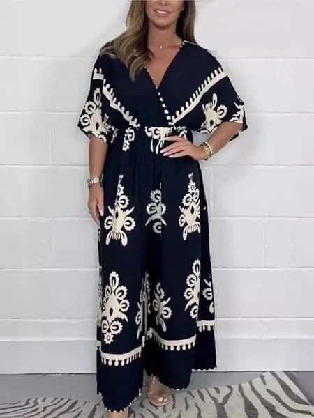 Wide Leg Pants Overalls Women Spring Summer V-neck High Waist Playsuit Rompers Short Sleeve Retro Casual Printed Ethnic Jumpsuit 250530BJ