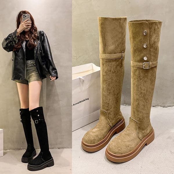 Winter Modern Platform Women's Over The Knee Boots Fashion Thick Heels Long Bootties Woman Suede Largas Booties Thigh High Boots Platform Rubber Sole Boots