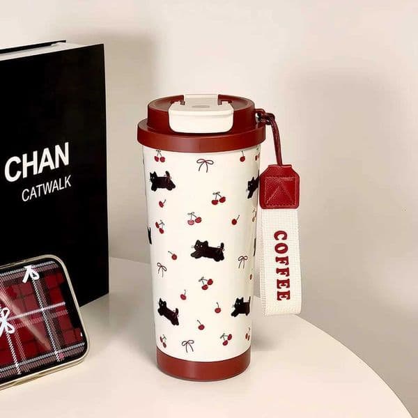 Cute ry Cat 500ml Kawaii Water Bottle Stainless Steel Thermal Cup With Straw Portable Coffee Thermos For Tea Gift H251201