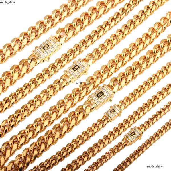 6mm-14mm Hip Hop GRA Stainless Steel Miami Cuban Link Chain 18K Real Gold Plated T Zircon Clasp Mens Necklace Jewelry 64