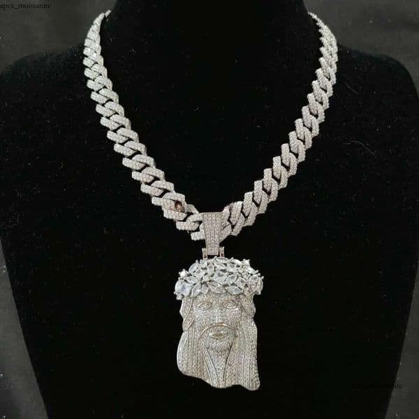necklace moissanite chain 14K Jesus Pendant with 13mm Moissanite Cuban Chain Necklace Hip Hop Jewelry for Men Gift 15