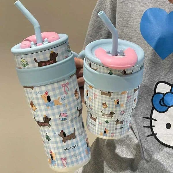 700/1200ml Large Capacity Straw Thermos Cup Stainless Steel Bottle Car Travel gs With Handle Kawaii Thermos Cup Gift H251201