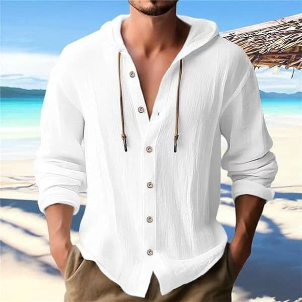 Men's Cotton Linen Solid Color Shirt Hooded Hoodie Button Loose Long-sleeved Hooded Spring And Summer Casual Daily Clothing European size: S-3XL