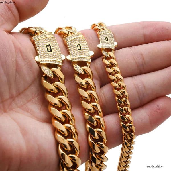 6-14mm Hip Hop IGI Solid Stainless Steel Miami Cuban Link Chain Zircon Clasp Mens Simple High Polished Jewelry