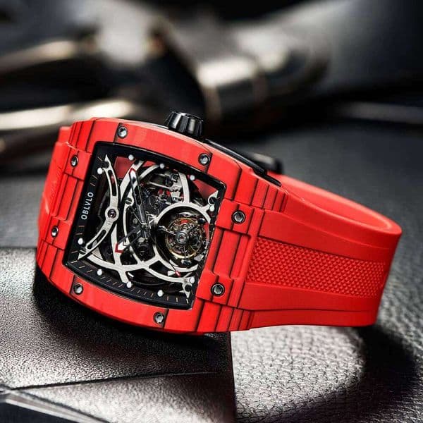 OBLO Sport Carbon Watch for Men Tonneau Skeleton Tourbillon Automatic Steel Rubber Strap Watches EM-RT