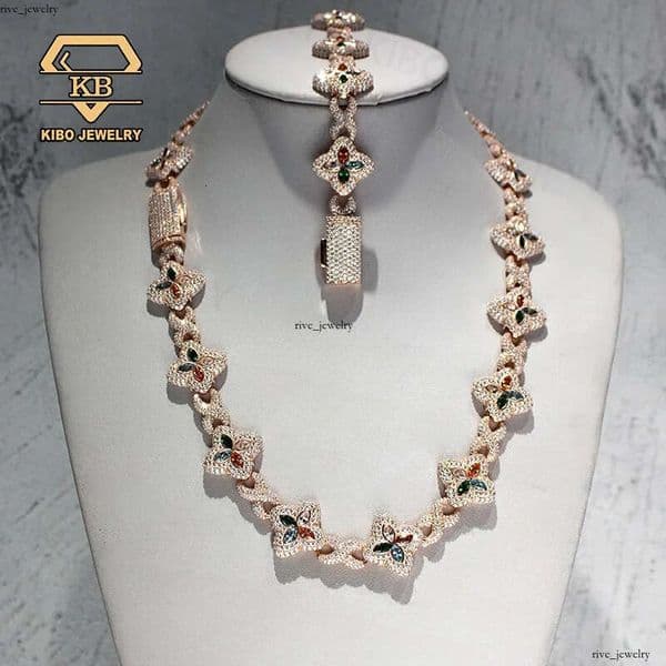 Fashion Hip Hop Jewelry 22mm Rose Gold 925 Sterling Silver Colored Moissanite Diamond IGI Four 18k Leaf GRA Clover 14k Infinity Link Chain e6