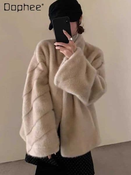 Elegant Stand Collar Eco-Friendly Fur Plush Coat Winter Korean Ins Trend Imitation Mink Fur Sheepskin Thickened Mid-Length CoatT251201