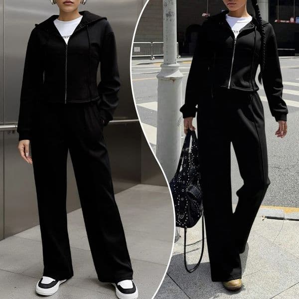 Womens Two Piece Sets Autumn Spring Modern Casual Wear Woman Clothing Hoodie and Jogger Set Full Zipper Black Sport Suit 251201