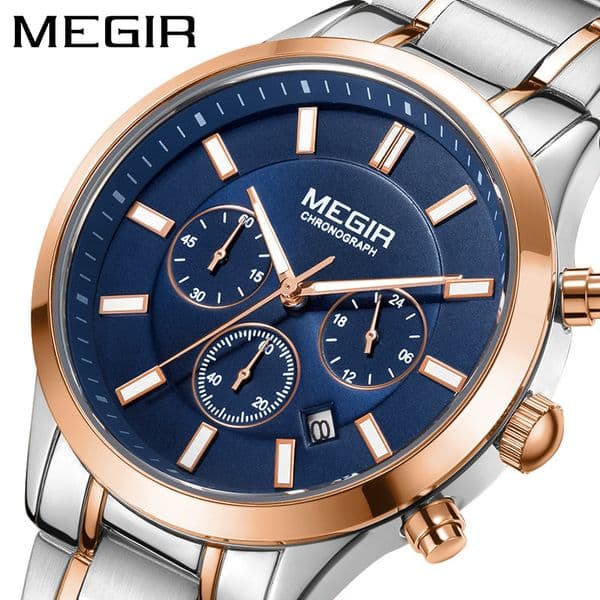 MEGIR Designer Men's Watch Business Fashion Steel Band Chronograph Waterproof Luminous Blue Watch Surface Quartz Watch 2150 Luxury Wristwatch Free Shipping