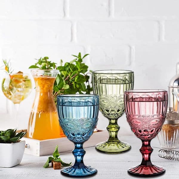 Vintage Style SZ 10 oz Colored Glass Wine Goblets - 300 ml Capacity with Engraved Patterns Perfect for Parties & Weddings