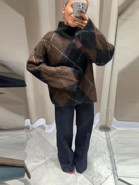 Fluffy Fuzzy Knit Mock Neck Sweater Drop Shoulder Long Sleeve Soft Autumn Classic Cozy Women Jumper Causal Vintage Lady Top 251201