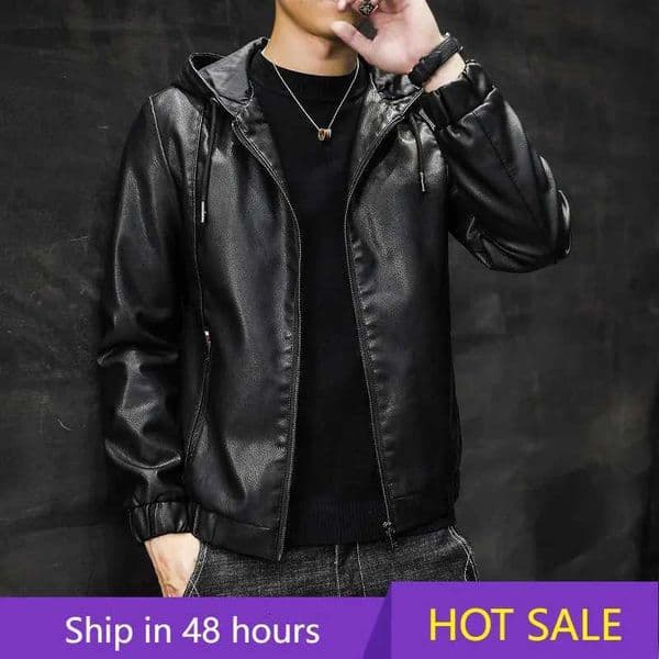 jaqueta masculina Autumn PU Jackets Coats Hoody Men Solid Black Faux Leather forT251202