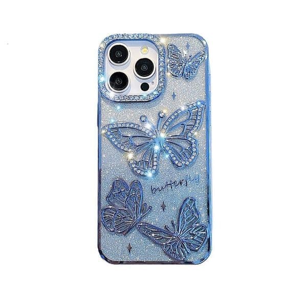 3D Butterfly Rhinestone Phone Case iPhone 17 Pro Max Compatible with Apple 16 Electroplated Gradient Glitter Paper Case
