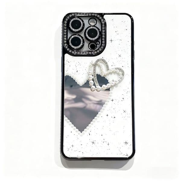 Pearl Heart Makeup Mirror Phone Case iPhone 16 Pro Max Compatible With Apple 15/14/13 Pro Electroplated Sparkling Diamond Case